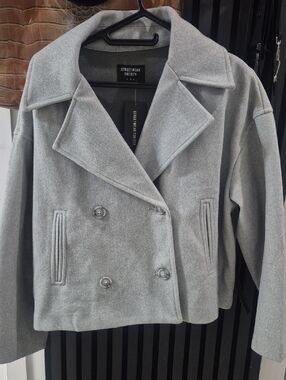 Streetwear Society Light Gray Double-Breasted Cropped Pea Coat
